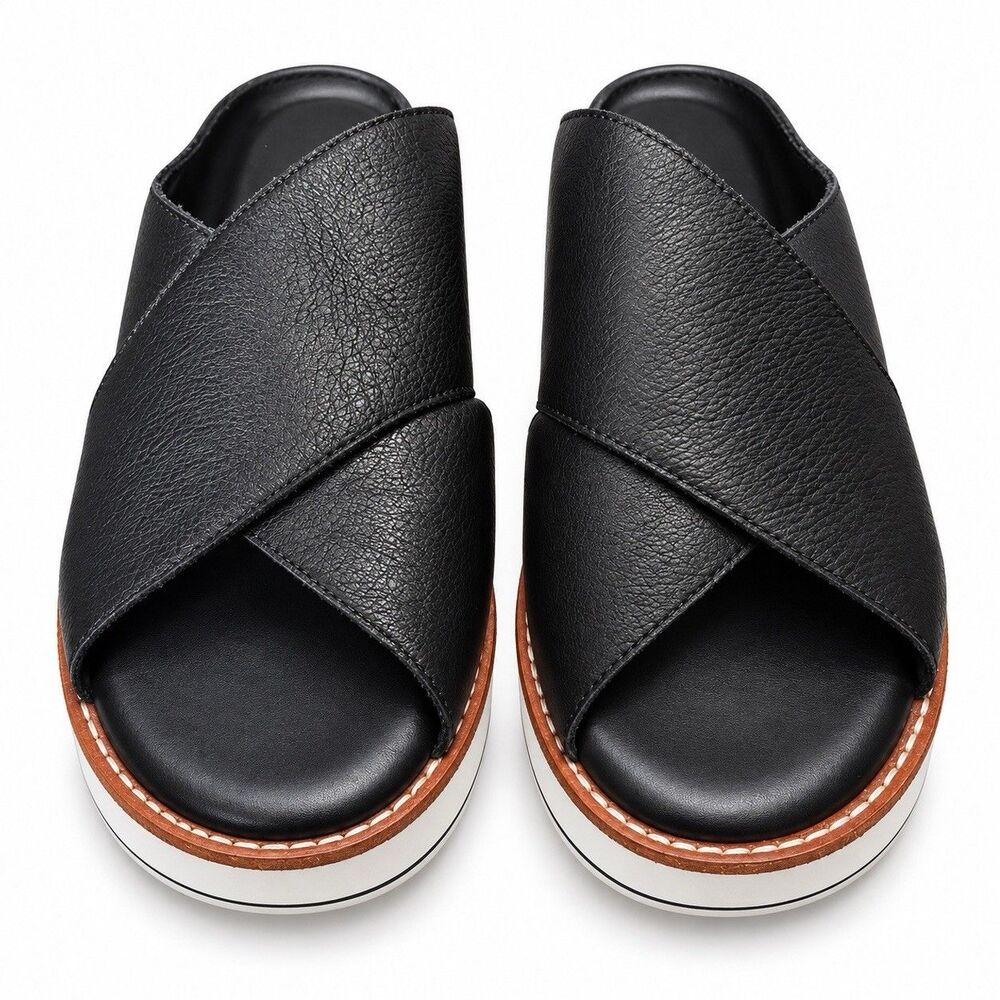 Silent D Orelia Slide Sandals Size 41 Black Leather Platform Wedge Minimalist